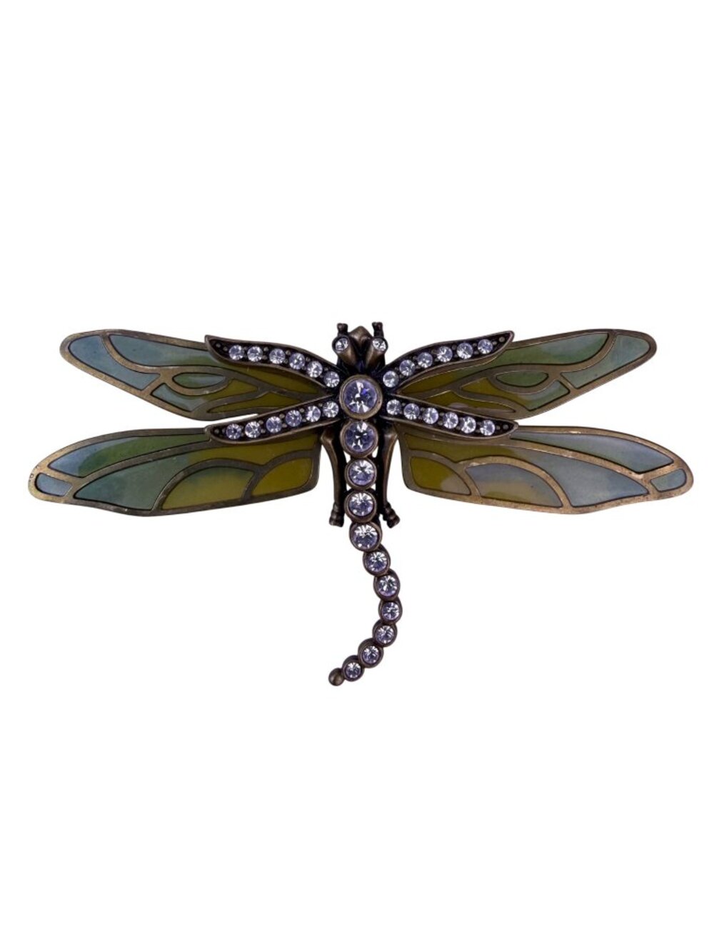 Kenneth Jay Lane Gold Tone & Green Rhinestone Dragonfly Brooch Enamel Wings